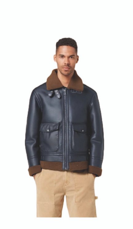 Faux Leather Jacket with Sheepskin Collar